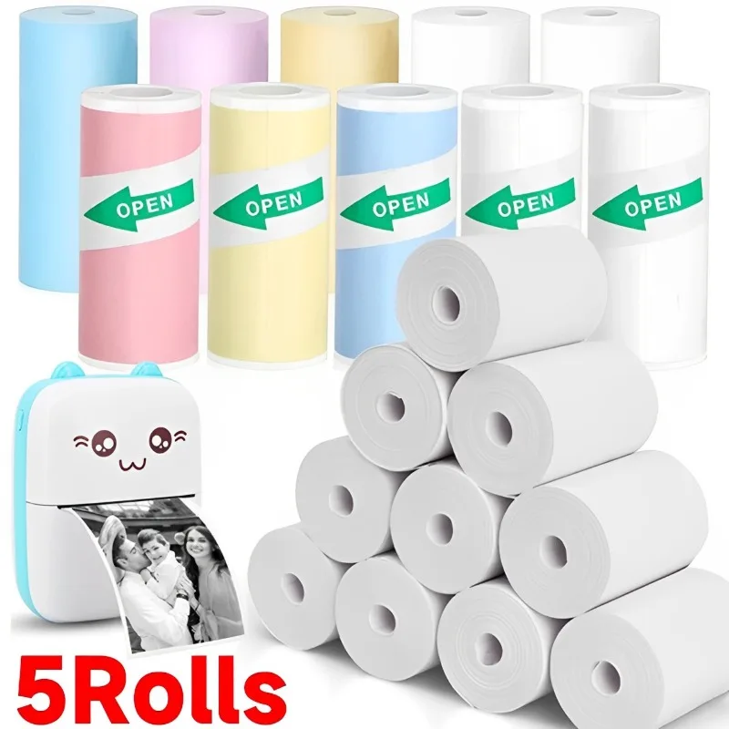 Papel térmico auto-adesivo, Impressoras de Etiquetas Coloridas, Inkless Estudante Estudo Impressora de Bolso, Mini Impressora, HD, 57x25mm, 5 Rolls