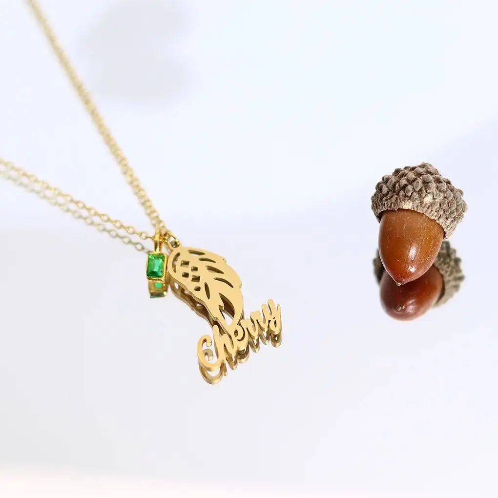 

Chandler Custom Name Feather Necklace Stainless Steel with Green Zircon Personalized Birthday Gift For Women Long Sweater Chain