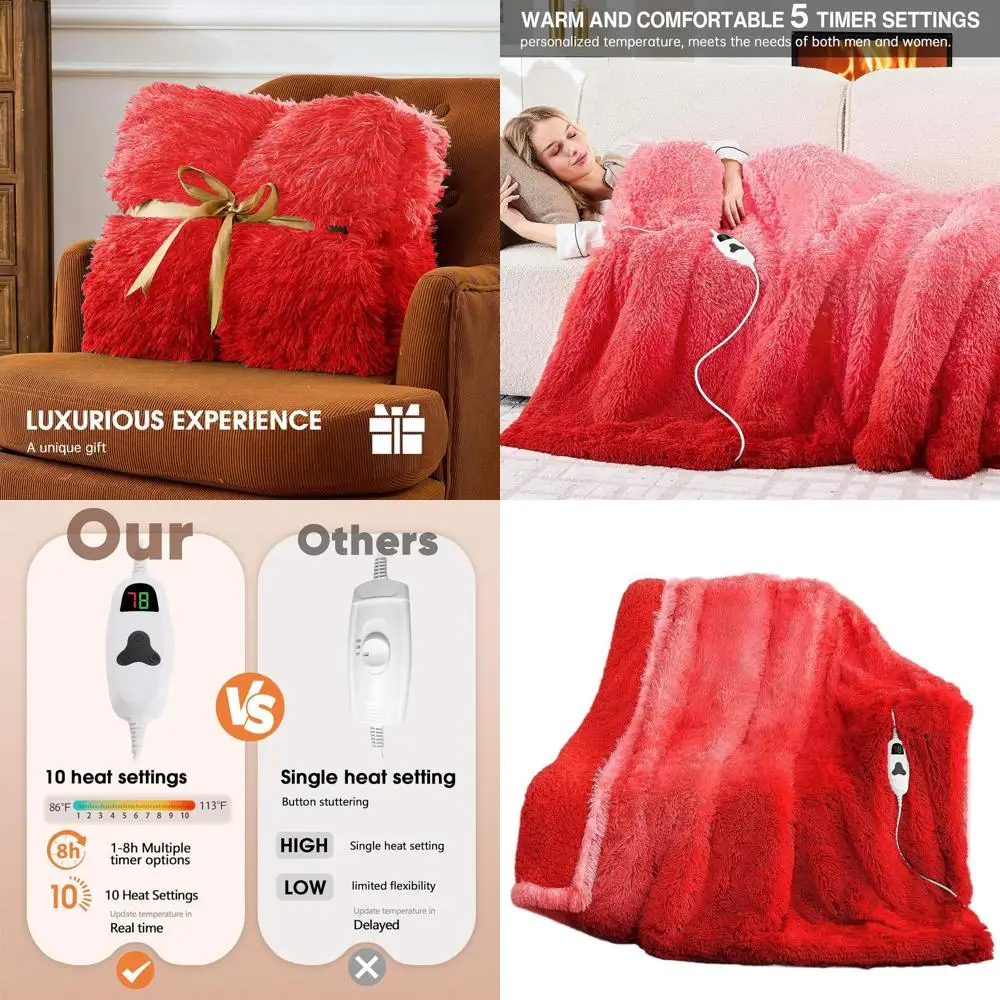 

Faux Fur Sherpa Electric Blanket, 10 Heat & 5 Timer Options, Fast Warming, 50x60, Ruby Wine for Women & Grandmas