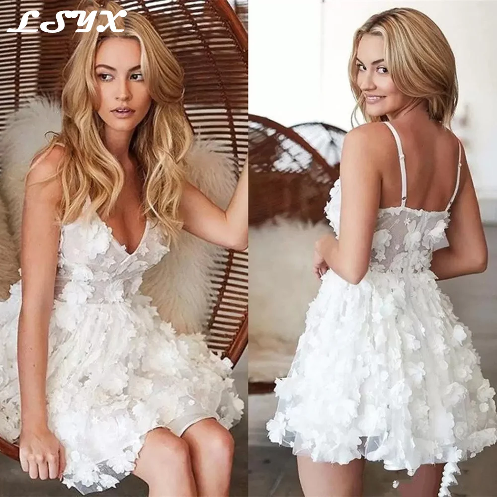 

LSYX Elegant Mini Spaghetti Straps Homecoming Dress 2023 Sexy Lace Appliques A-Line Tulle Party Prom Gown Above Knee Backless