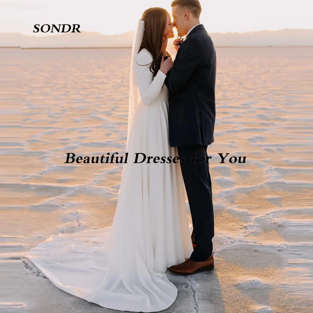 SONDR Popular V Neck A-Line Wedding Dresses Vintage Elegant Vestido De Noiva Long Sleeves Ivory Women Bridal Dresses Factory