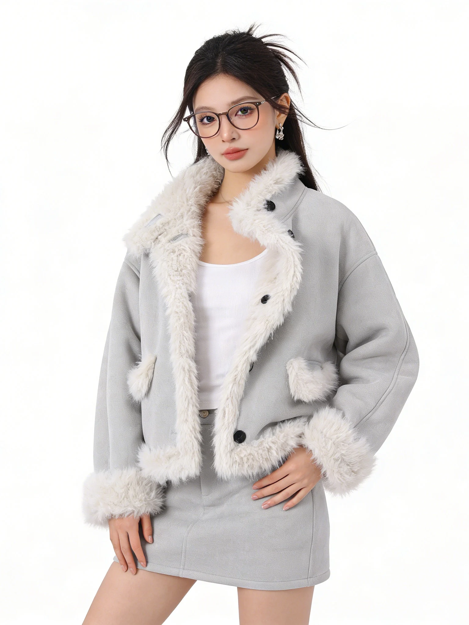 Koreańska kurtka ze stójką, niebieska, vintage, zamszowa, z podszewką z polaru, krótka, z futrem i skórą, ocieplana, luźna, bawełniana.