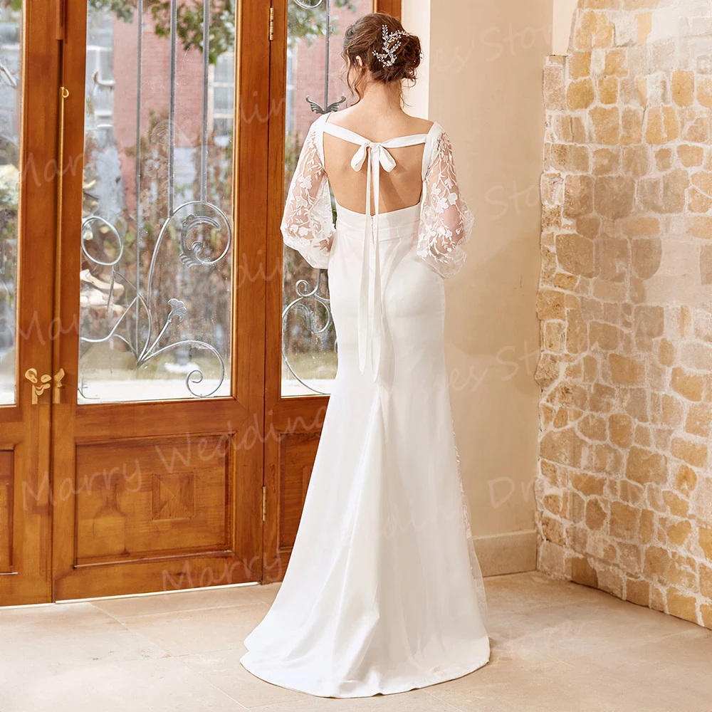 Abiti da sposa moderni con collo quadrato a sirena alla moda Appliques in pizzo con maniche a sbuffo complete abiti da sposa macchia aperta sul retro lunghezza del pavimento