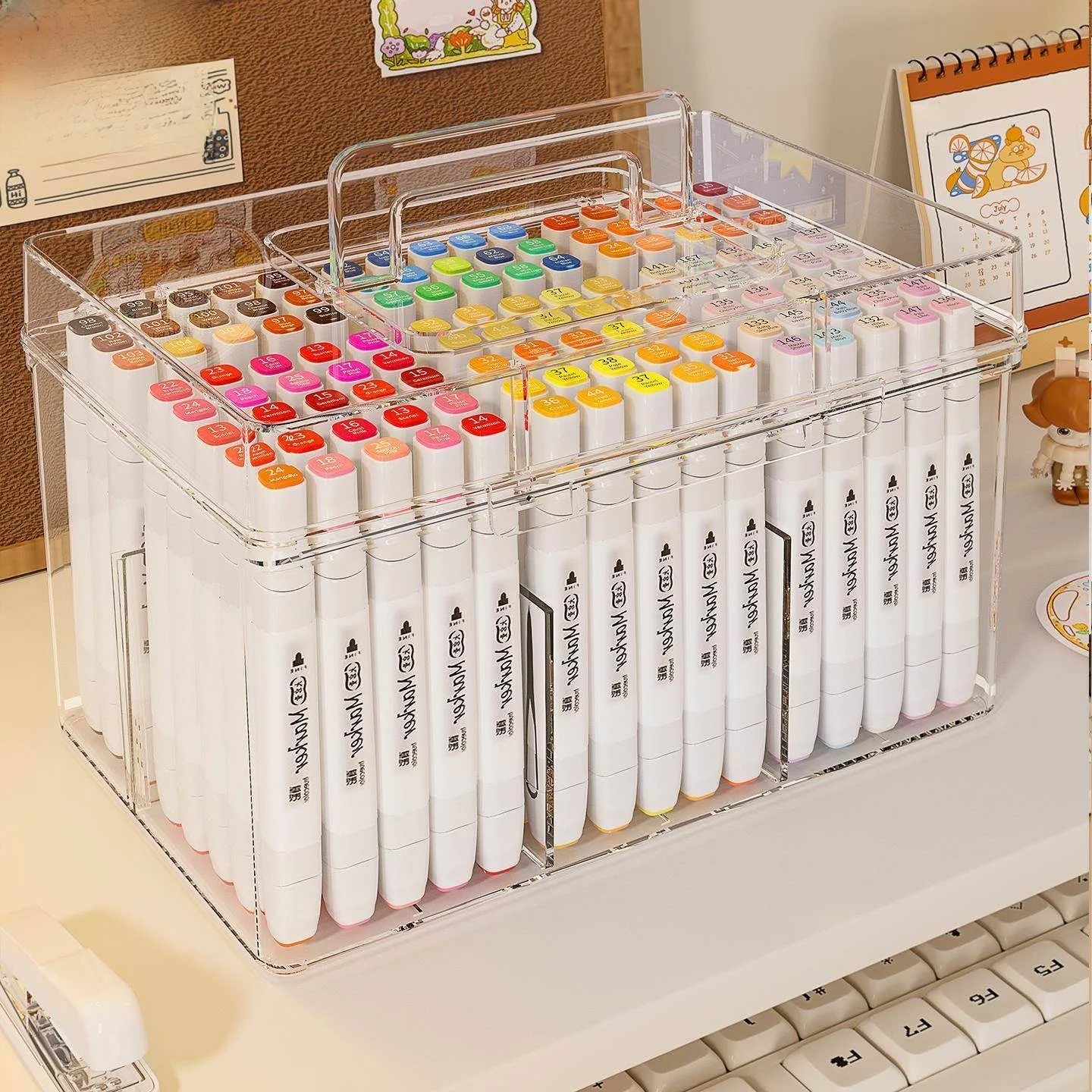 大容量アクリルマーカー収納ボックスポータブルペイントブラシオーガナイザー学生用ハンドヘルド文具ボックス耐久性のあるプラスチックケース
