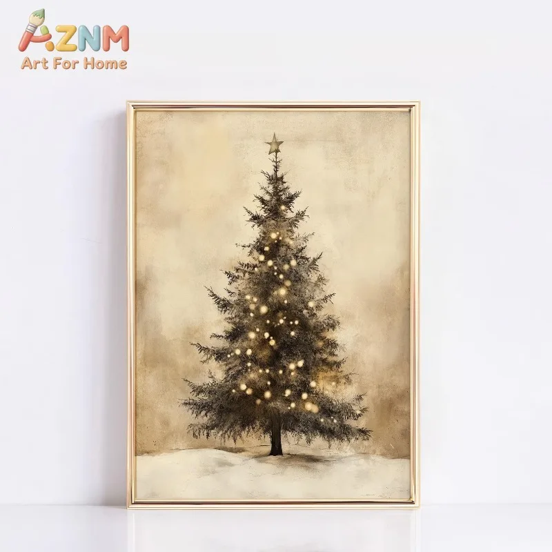 Aged Vintage Christmas Tree Star Lights Pattern Canvas Poster Prints Frameless Wall Art Festive Holiday Cozy Winter Home Decor