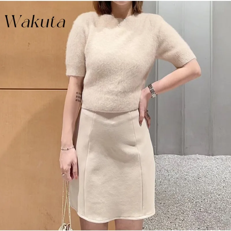 WAKUTA Japanese Autumn High-waisted Three-dimensional Package Hip Dresses Pants Fashion Versatile Solid Thin Short Skirts 니트 스커트