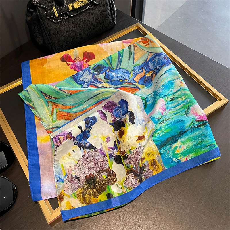 

Designer Floral Square 65cm Neckerchief Women Real Silk Scarf Luxury Cotton Shawl 2025 Print Female Hijab Bandana Headband
