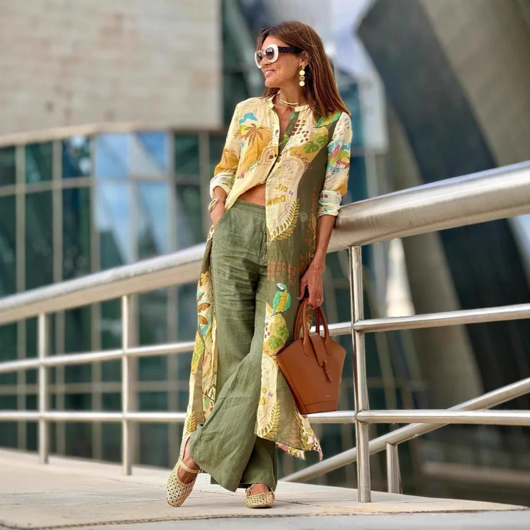 2025 Camisa casual impressa Moda europeia e americana Roupas femininas atmosféricas