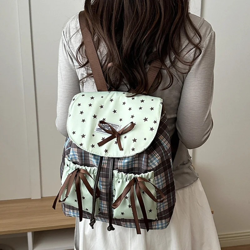 Mint Green Plaid Backpack Star-print Bow Decor Retro Color-blocked Women's Backpack Drawstring Design Large Capacity Backpack