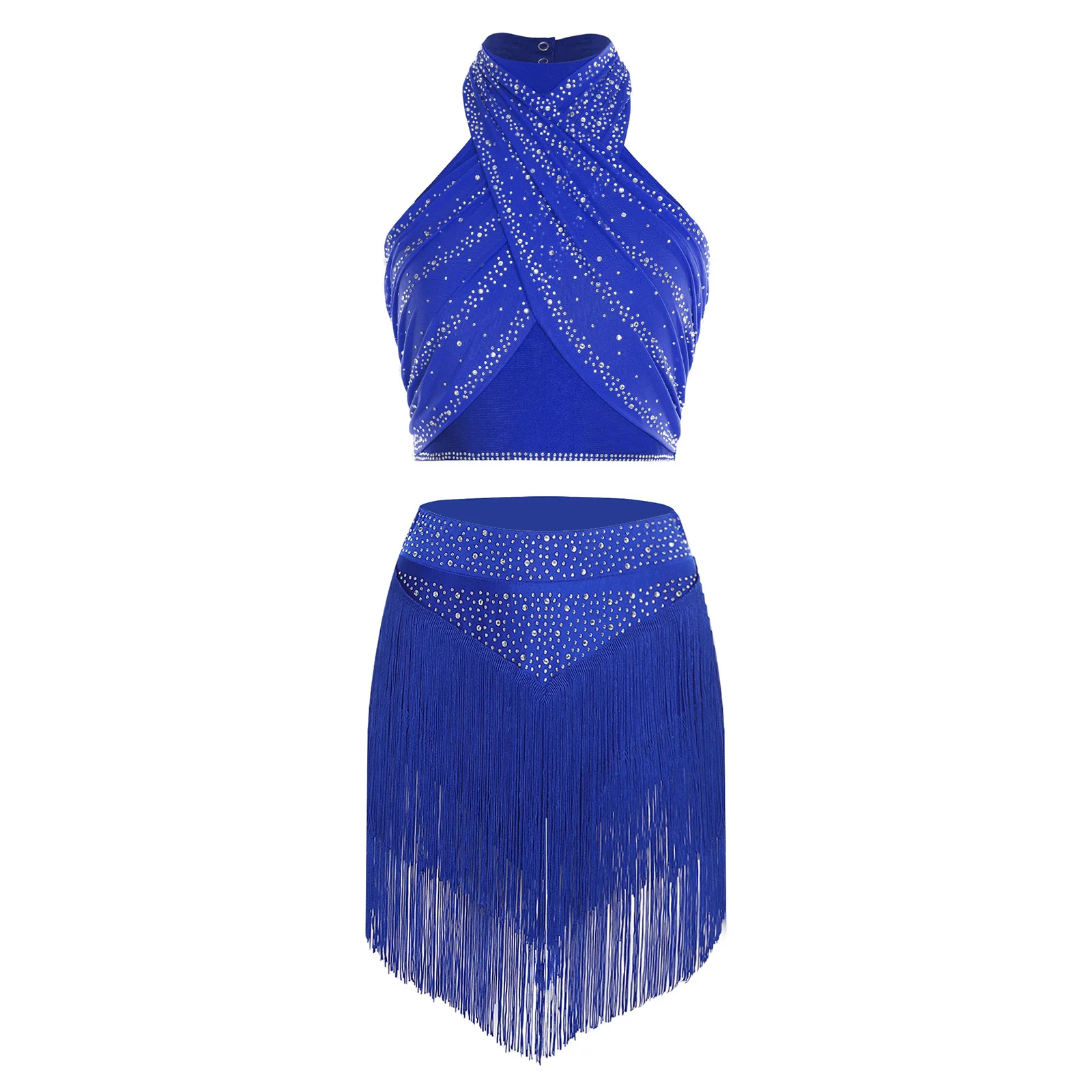 Adultes femmes élégant Chacha Salsa vêtements de danse latine licou sans manches froncé haut court et jupe pour danse de salon Jazz du ventre