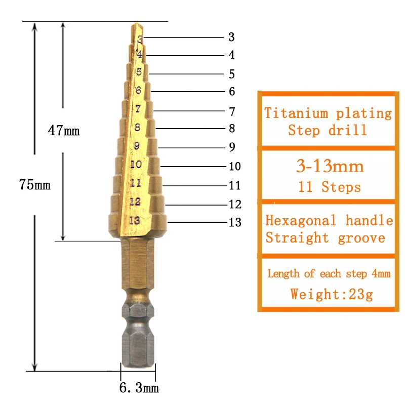 3-13mm titanium-plated hexagonal handle ladder drill gold pagoda drill multi-function anisotropic drill hole cutting tool