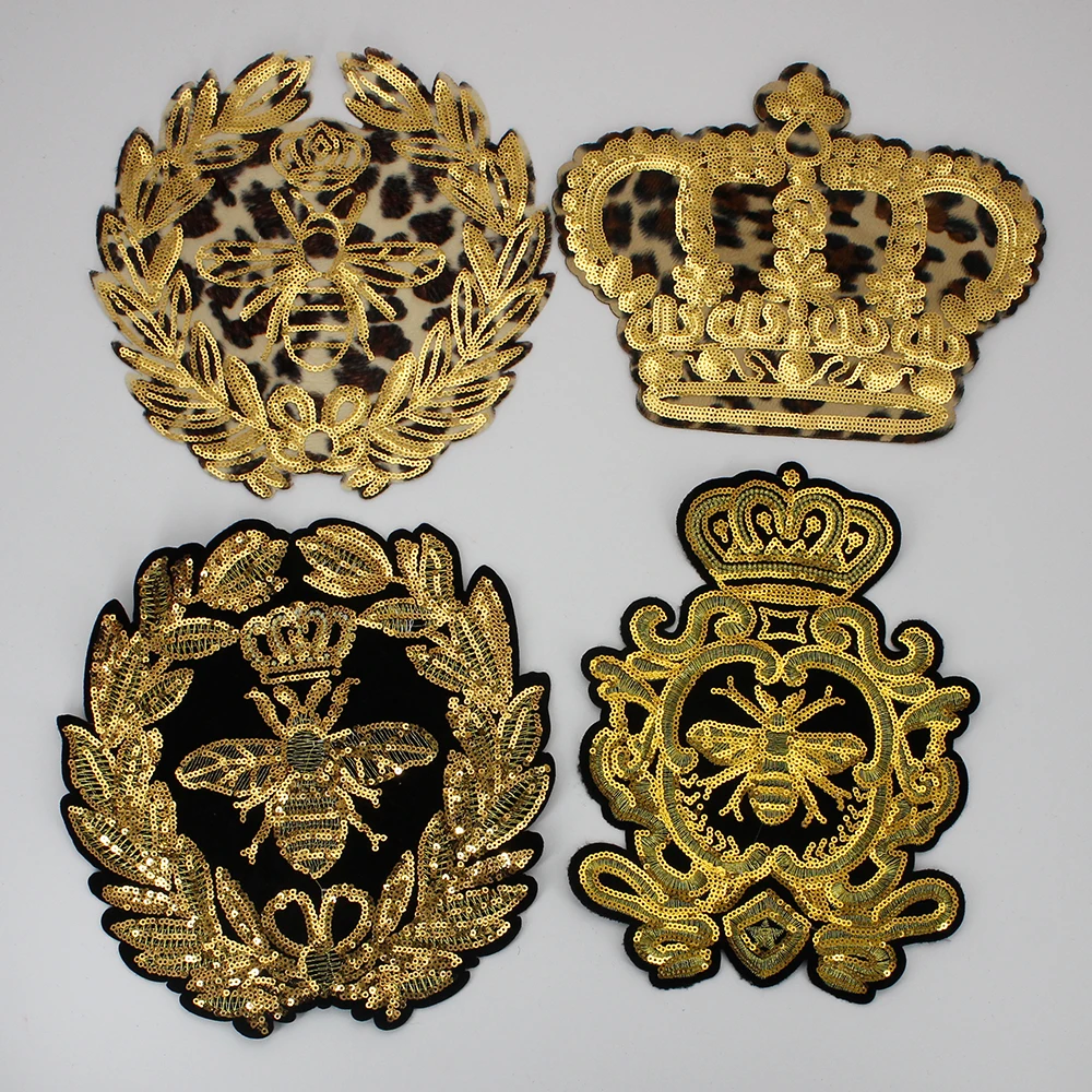 Embroidery Beaded Sequin Motifs Gold Wreath Applique Crown Bee Patches Badge for Bags Clothing Sewing Craft TH910
