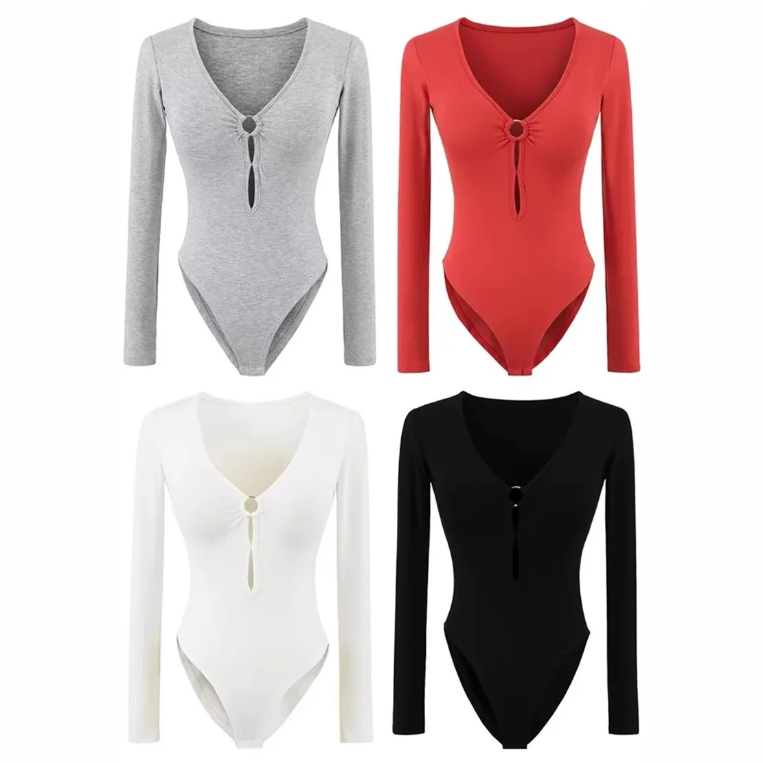 

Women Long Sleeve Hollow Out Jumpsuit Playsuit with Bust Pad
