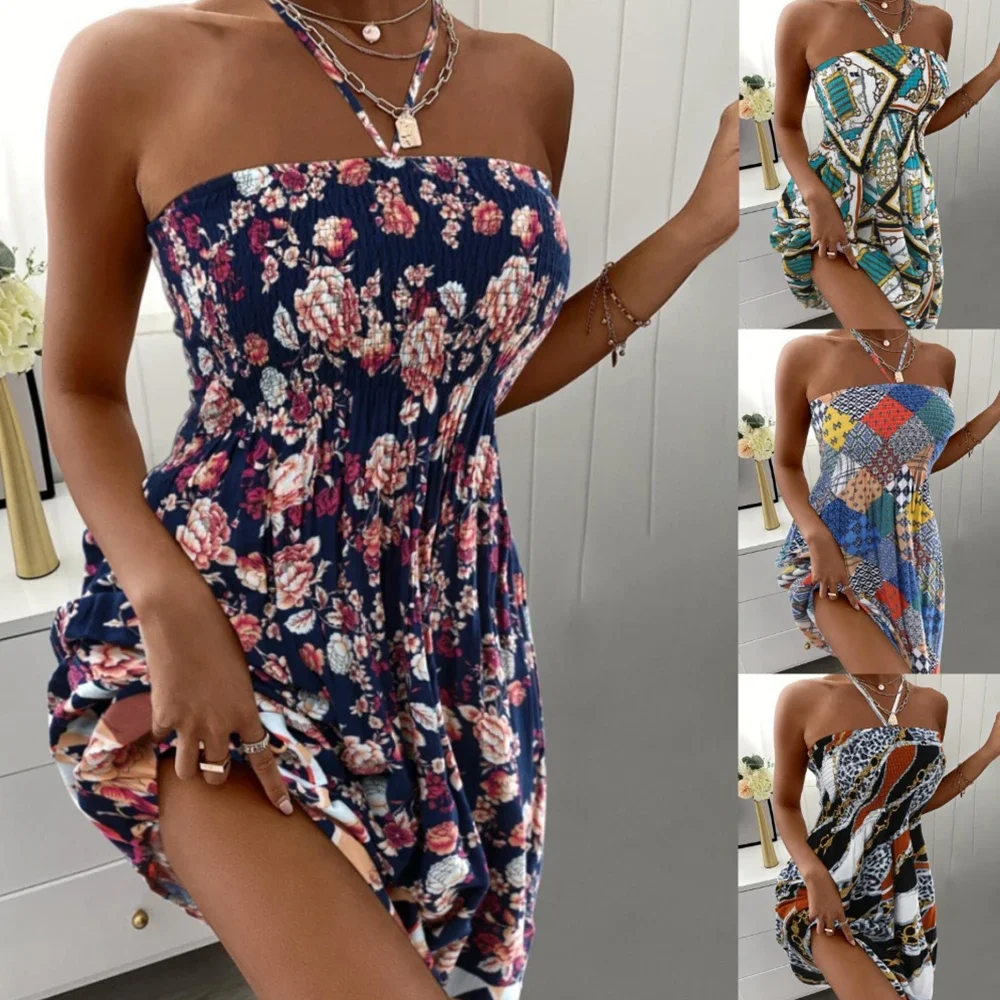 Mini abiti estivi senza maniche con scollo all'americana sexy per le donne Abito da spiaggia stampato con fiori Boho Abito da vacanza casual con collo a cinturino da donna