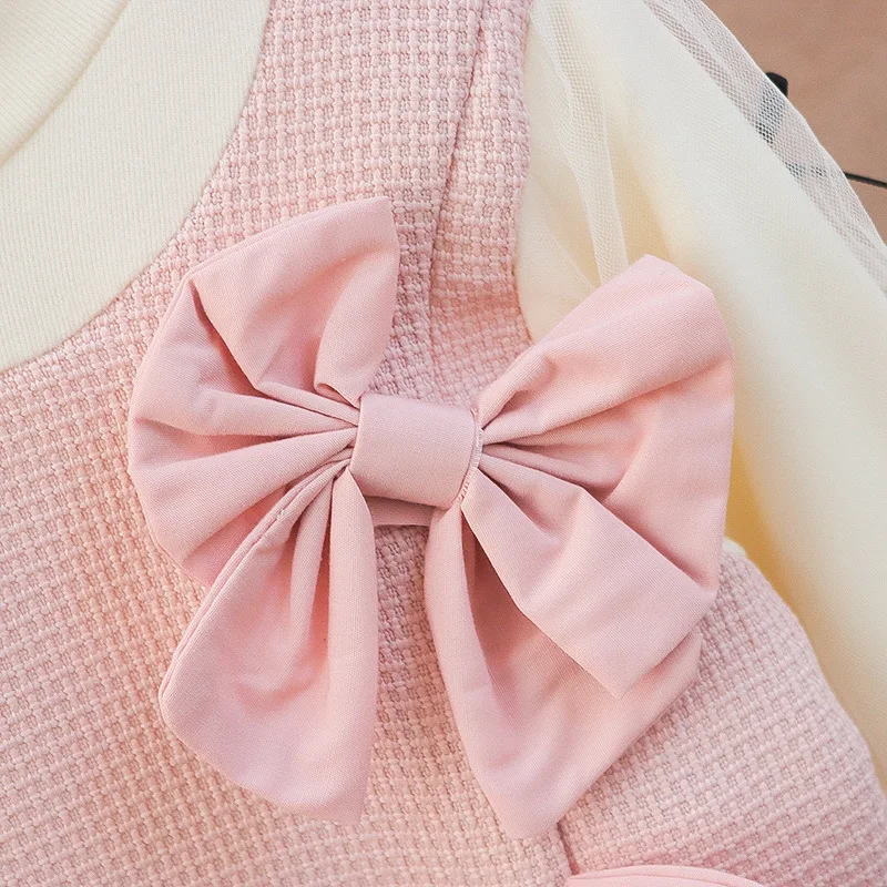 Spring and Autumn Color blocked Long sleeved Girls\' Dress Baby Girl\'s Big Bow Long sleeved Spliced Mesh Princess Dress