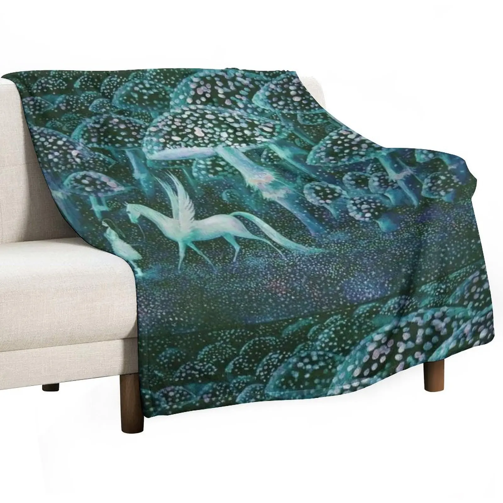 Magical landscape mushroom forest with Pegasus - Elenore Abbott vintage illustration Throw Blanket Flannels Blankets