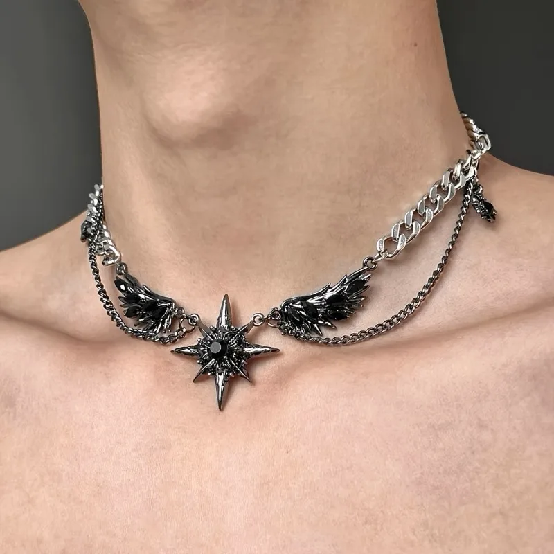 Punk Devil Wings With Black Synthetic Gemstones Pendant Necklace For Men Women Gothic Hiphop Cool Dark Necklace Party Jewelry Ac