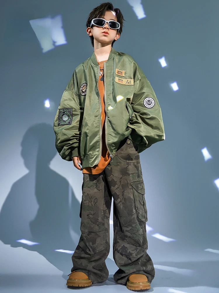 

New Jazz Modern Dance Costumes for Kids Green Jacket Camo Pants Suit Boys Girls Hip Hop Dancing Performance Wear Teenage Clothes