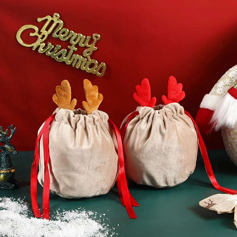 Sacos De Doces De Veludo Com Corda De Desenho, Presente Do Coelho Do Natal, Sacos De Embalagem, Decoração Do Partido, Antlers, 20PCs