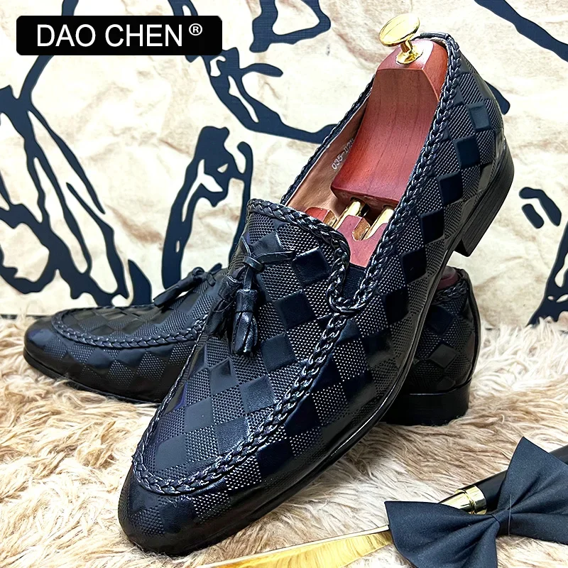 ITALIAN MEN LEATHER SHOES FASHION PLAID PRINT WEAVE CASUAL SHOES BLACK BROWN WEDDING OFFICE DRESS MAN SHOES LOAFERS MEN