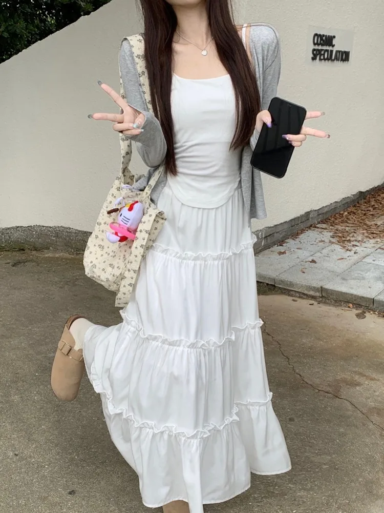 

Korean Sweet Style Three-Piece Set Women's Autumn Pure Desire Strap Top Short Knitted Cardigan Versatile Skirt