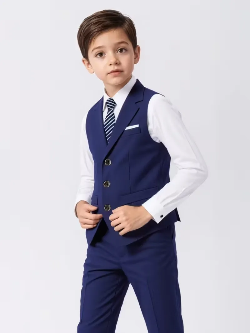 Schulkinder Frühling Sommer Marineblauer Anzug mit Weste, Hose und Fliege für Jungen – Hochzeitsanzug, Kinder Zeremonienkostüm