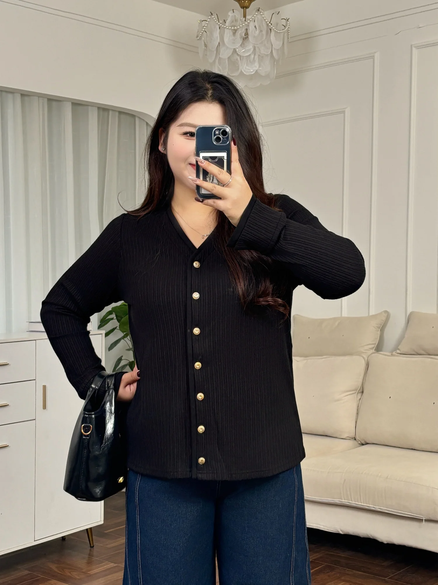

plus Size Women's Casual Fashion Knitted Base Shirt Winter New Style Cover up Slimming Trendy Long Sleeve V-Neck Single Button