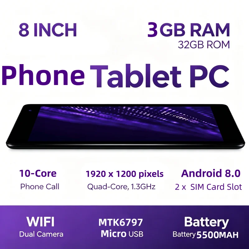 8 INCH 3GB RAM 32GB ROM T10 Android 8.0 Tablet PC M8 UMS312 10-Core Type-C Battery 5500mAh 1.3GHz 3G/ 4G Call Dual Camera