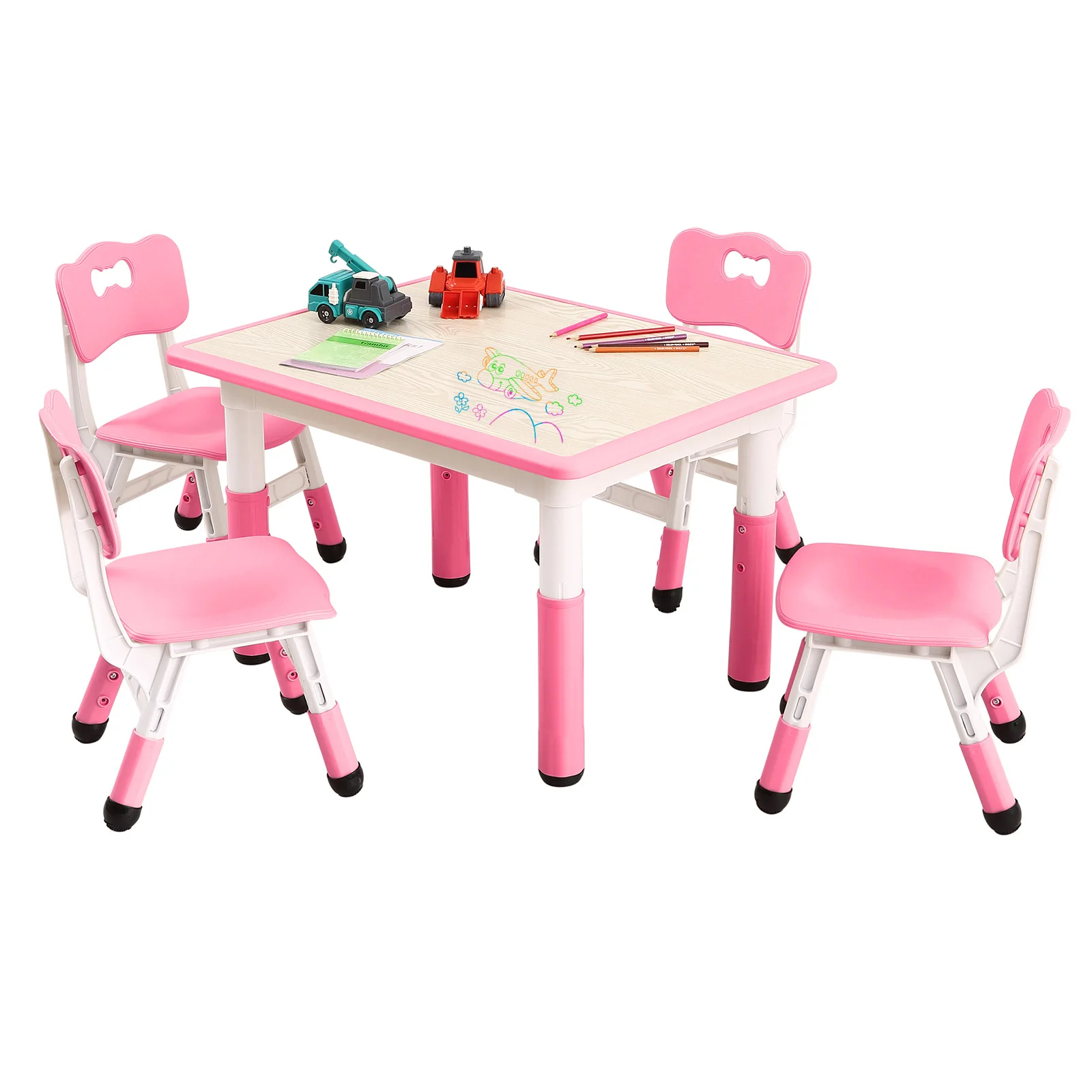 Conjunto de Mesa e Cadeiras para Crianças, Mesa Ajustável em Altura com 4 Assentos, Suporta até 300lbs, Mesa Multiatividades para Salas de Aula e Creches