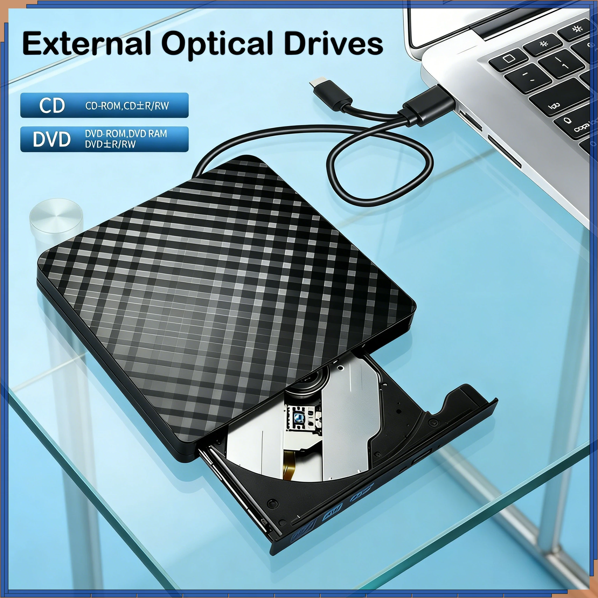 2 in 1 USB 3.0 Type C External DVD Burner RW CD Slim Optical Drives Writer Reader Player Portable CD-ROM DVD-RW for Laptop PC