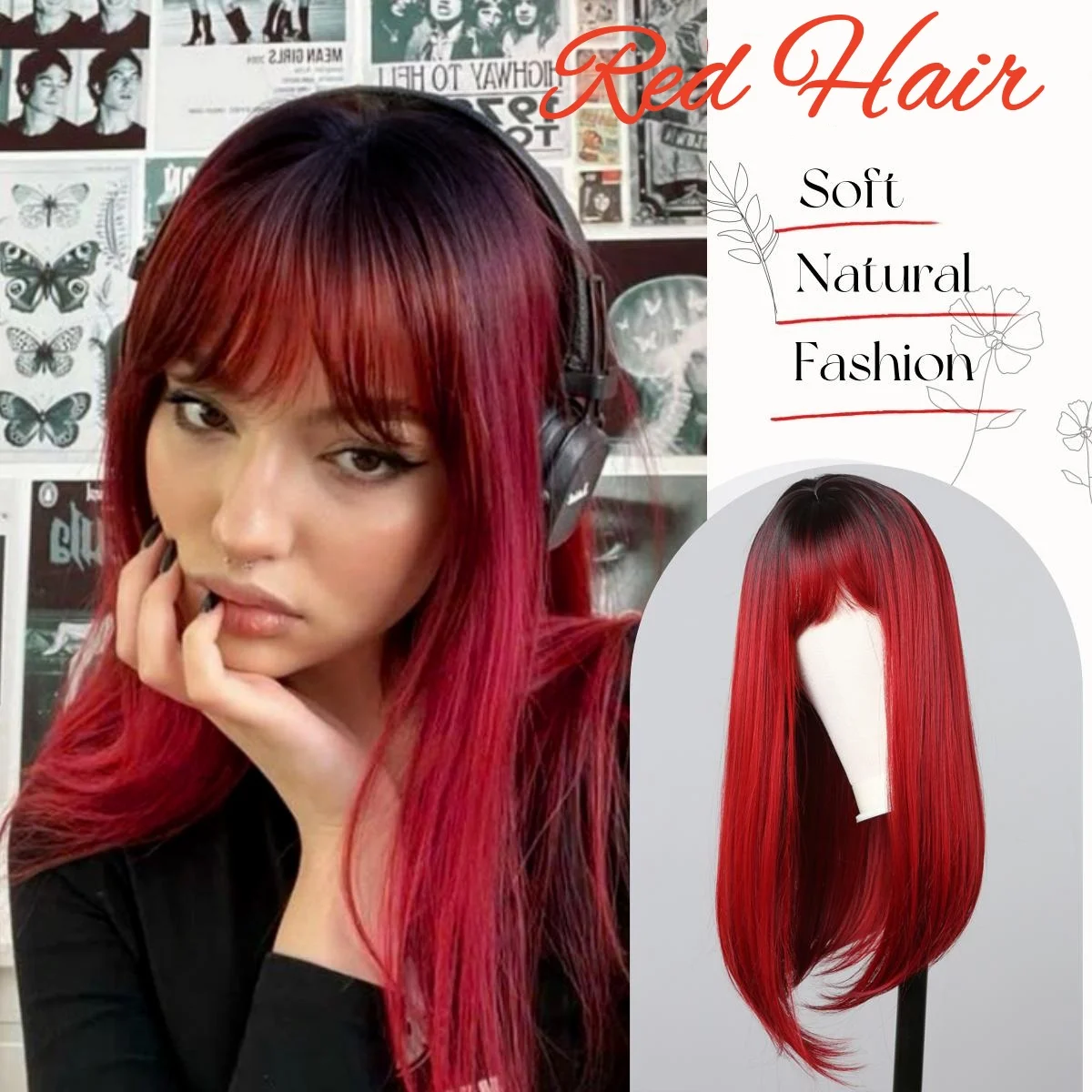 

Модный красный длинный прямой синтетический парик с челкой, бордовый парик для косплея для женщин, вечерние, повседневные, Хэллоуин, термостойкий парик из волокна