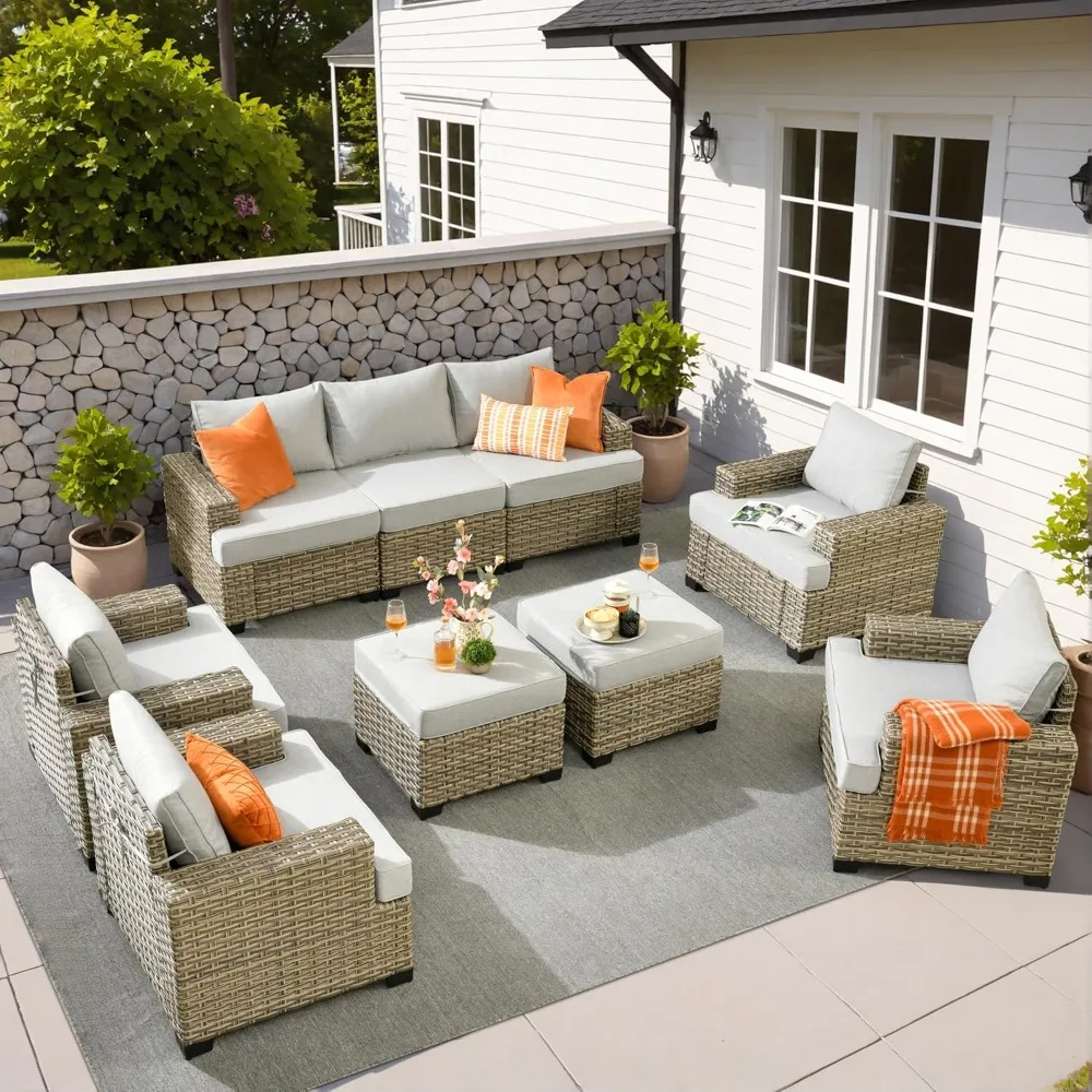 

9 Piece Patio Furniture All Weather 9-Seater Outdoor Sectional Sofa with Outdoor Chairs Ottomans for Porch,Garden,Backyard,Deck(