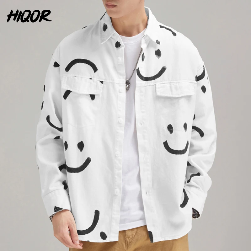 

HIQOR 2022 New Autumn 100% Cotton Social Shirt Men White Color High Quality Long Sleeve Shirt For Men Smiley Print Men's Shirts