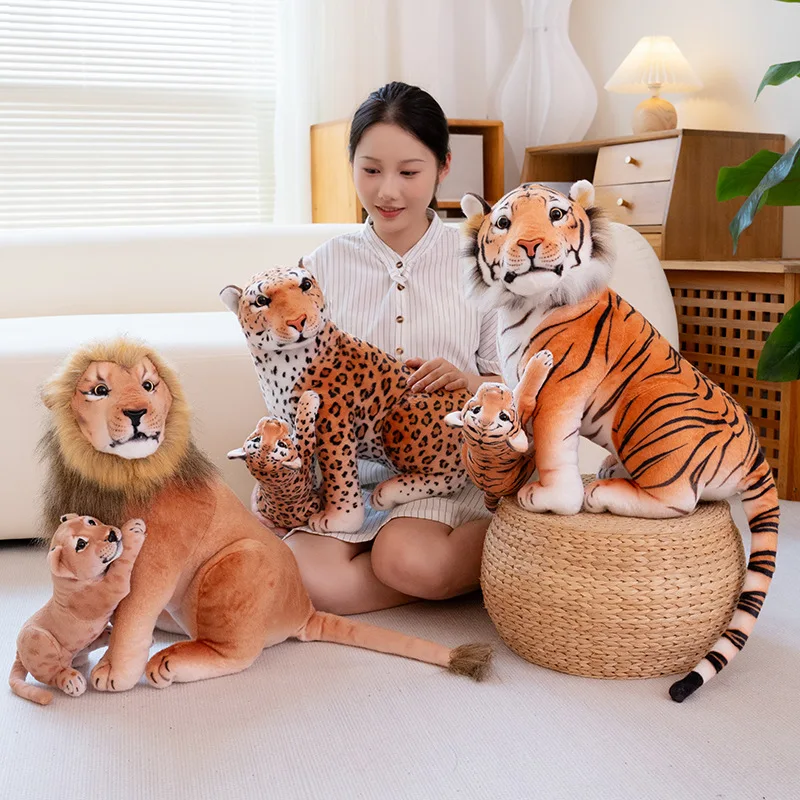 Simulation Wild Animal Mother And Baby Series Plush Toys Stuffed Fluffy Tiger Lion Leopard Doll With Baby Funny Cute Home Decor