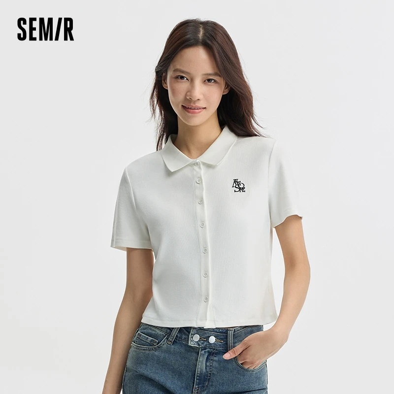 Semir Polo Shirt Women Short Embroidered Tops Small 2024 New Summer Letters Slim Cardigan Hundred With Simple