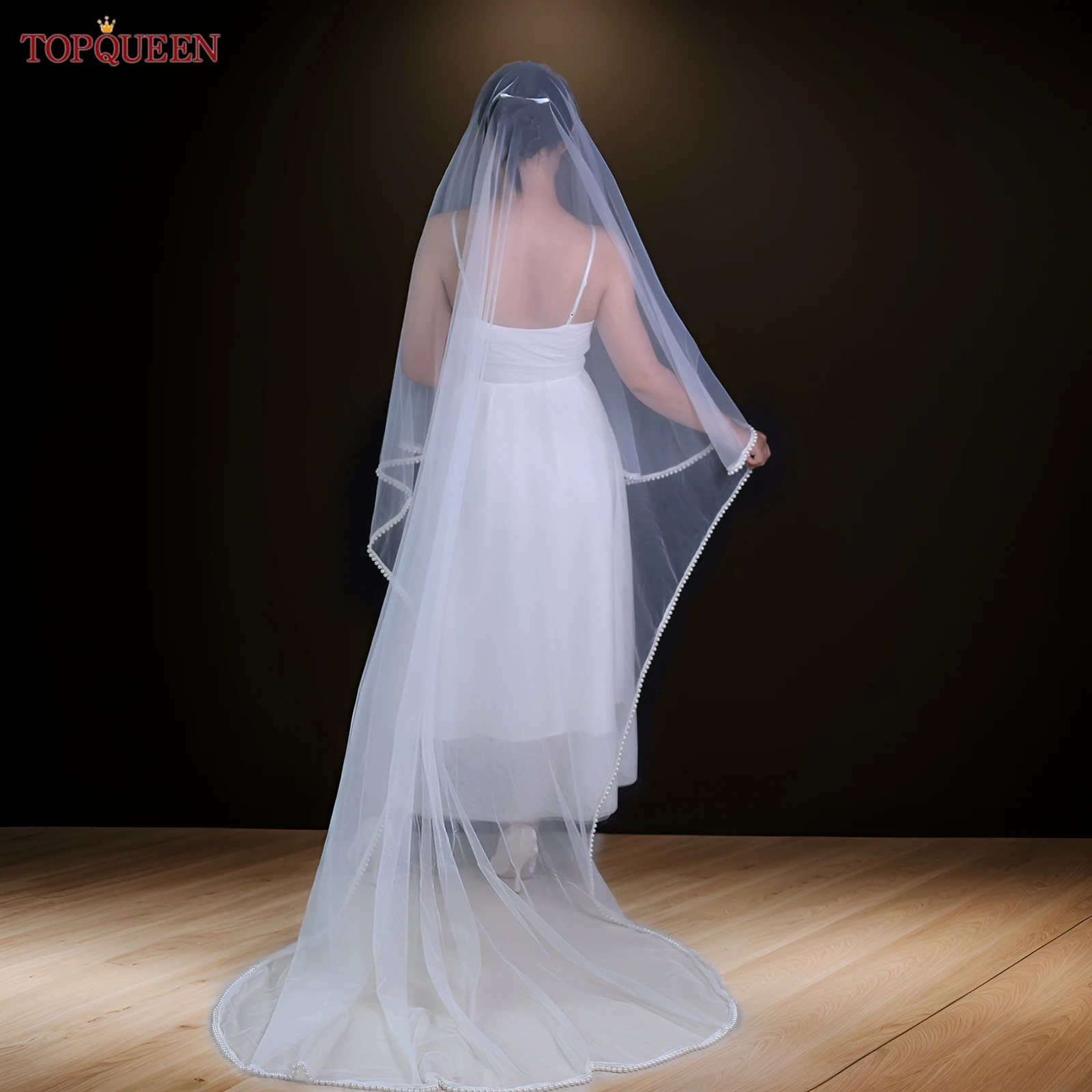 TOPQUEEN V124-velo de novia con Colorete, 2 capas de perlas, velos de boda con borde Veu de cuentas, accesorios para bodas y eventos de novia