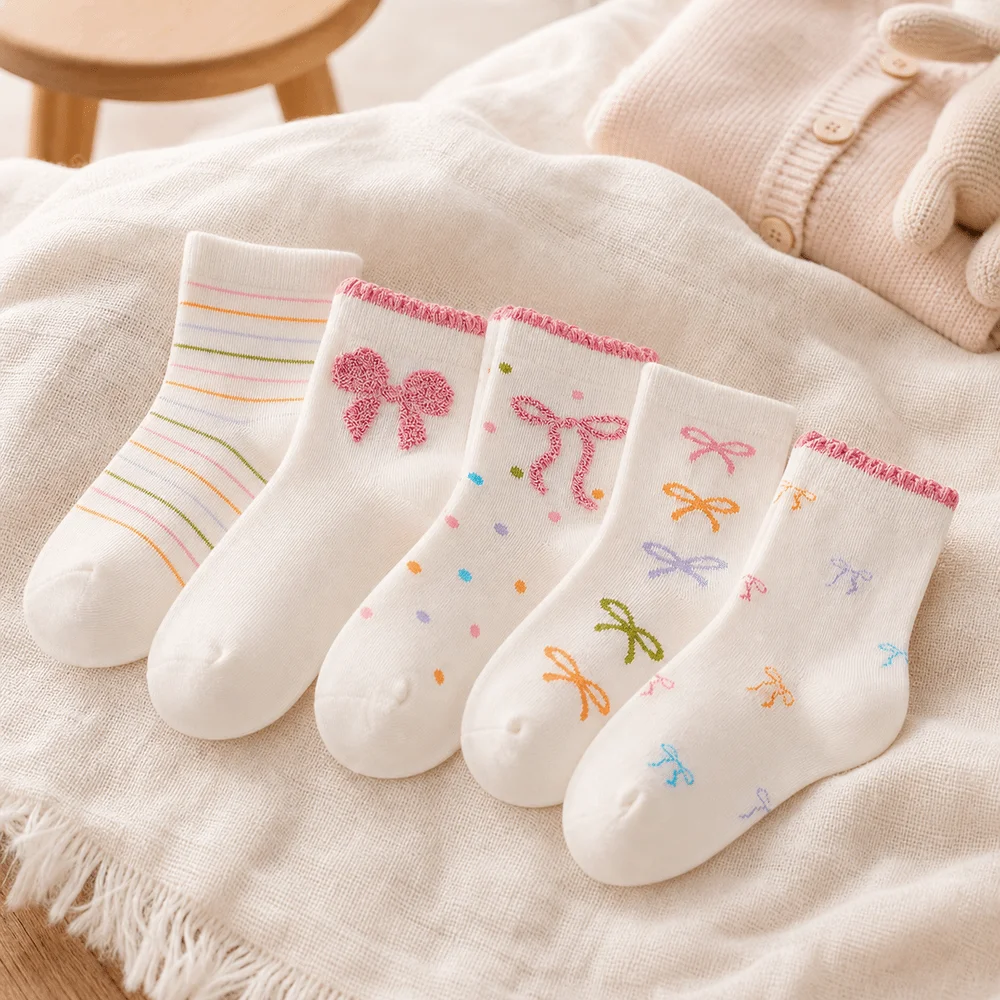 5 Pair Set New Ruffle Bowknot Socks Print Pattern Soft Elastic Mid Tube Socks Cotton Breathable Casual Footwear Socks School