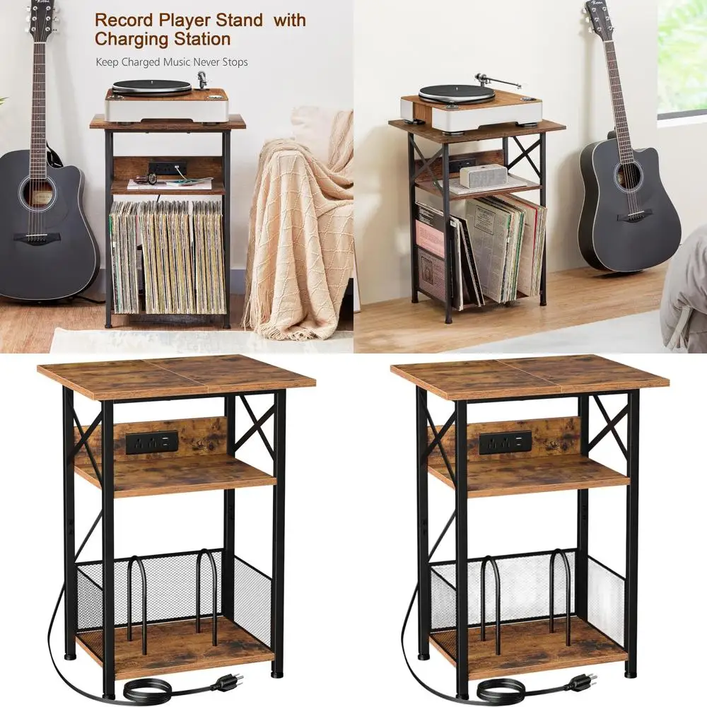 

Large Vinyl Record Stand with Storage and Charging, Holds 100 Albums, Brown for Living Room, HETCD012BR-1