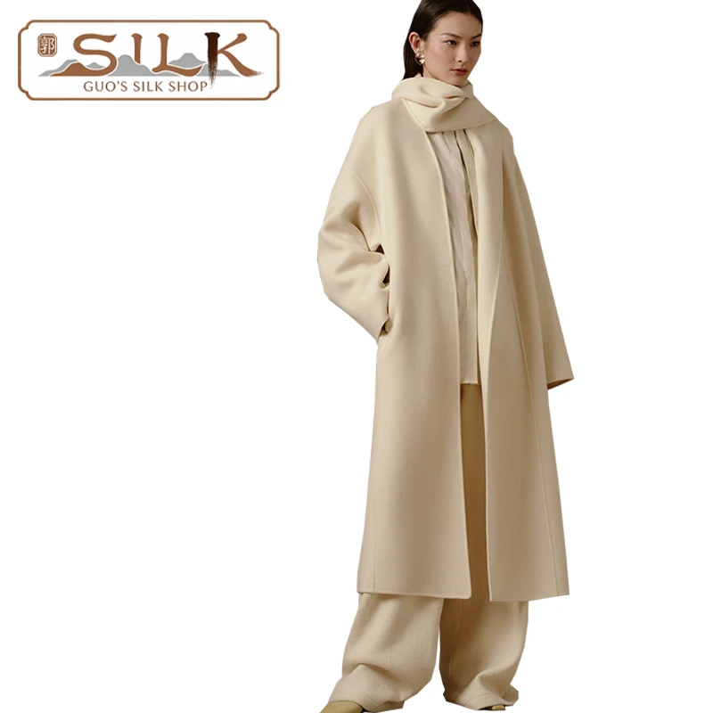 

Элегантная женская шерстяная блузка из высококачественного двустороннего кашемира с воротником-шарфом для деловых встреч и активного отдыха