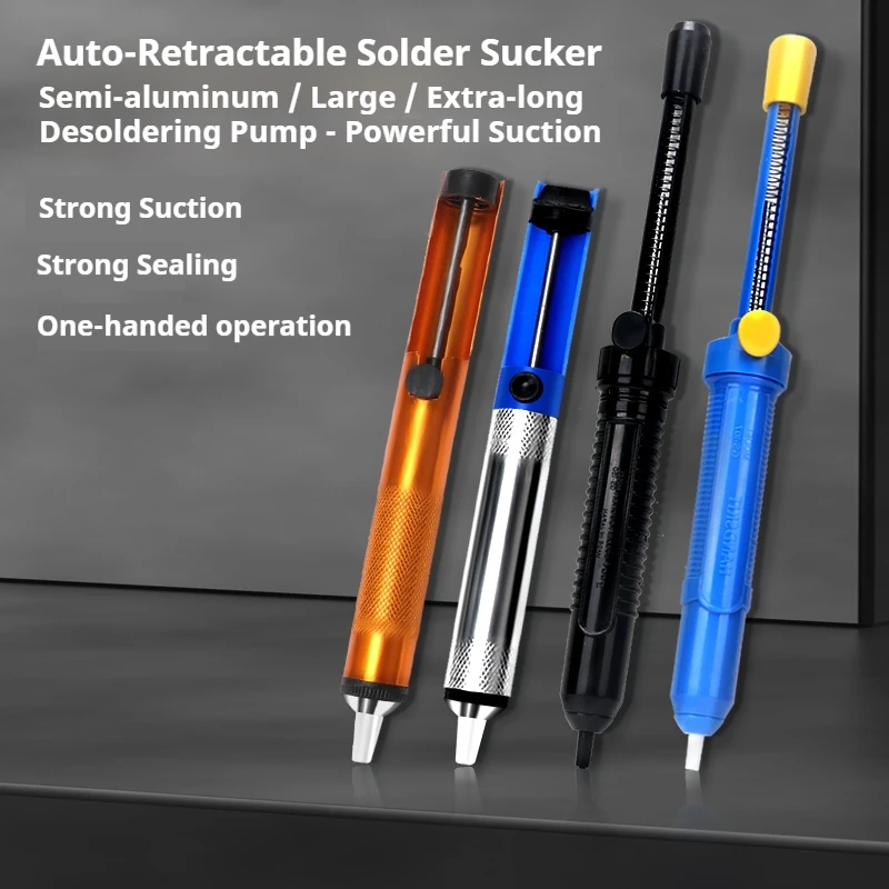 Um poderoso ferro de solda de tamanho grande, um ferro de solda manual para remover fio dental de solda e uma ferramenta para dessoldar