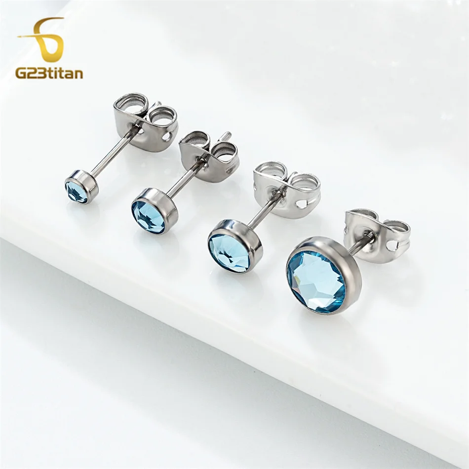 1 Pair Bright Aquamarine Zircon Earrings Hypoallergenic G23 Titanium Ear Piercing First Stud Earings Men Women Girl Jewelry Gift