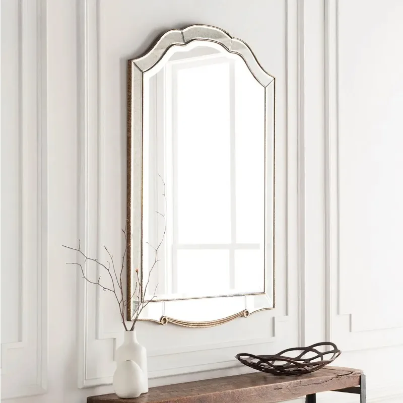 Retro silver edge curved top rectangular wall-mounted mirror, modern minimalist decorative mirror, home bedroom dressing mirror