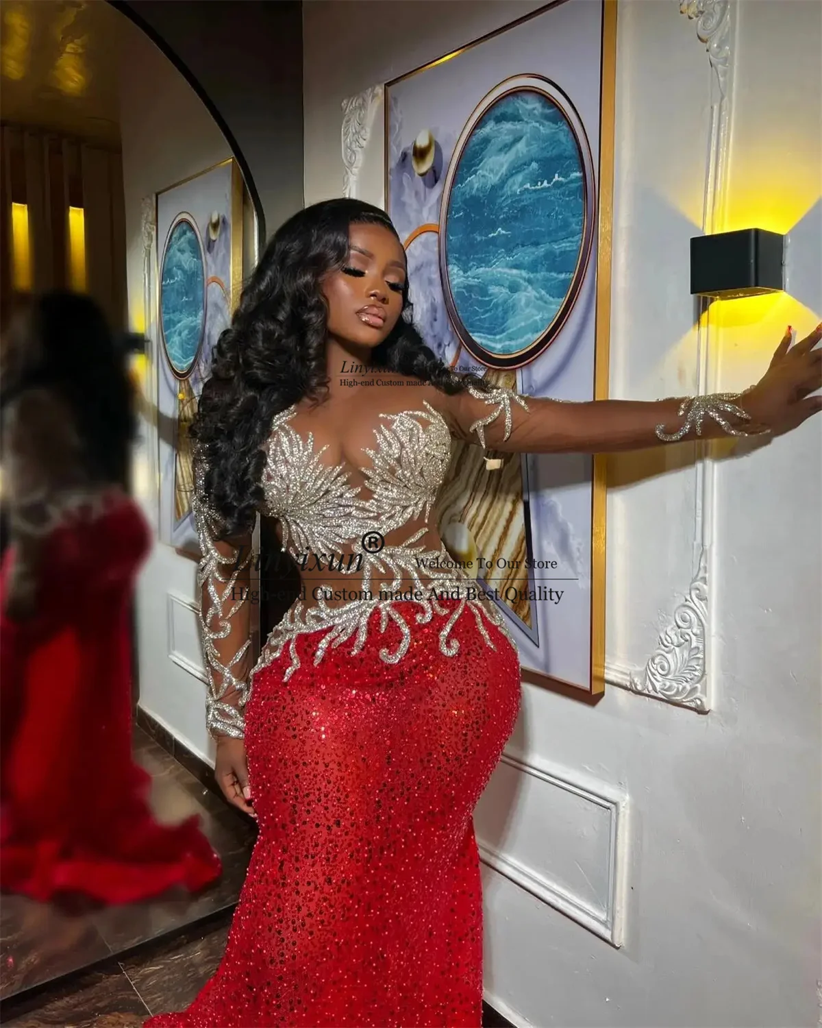 African Red Mermaid Prom Dresses Sparkly Sequins Beaded Formal Evening Party Gown Aso Ebi Black Girls Long robes de soirée