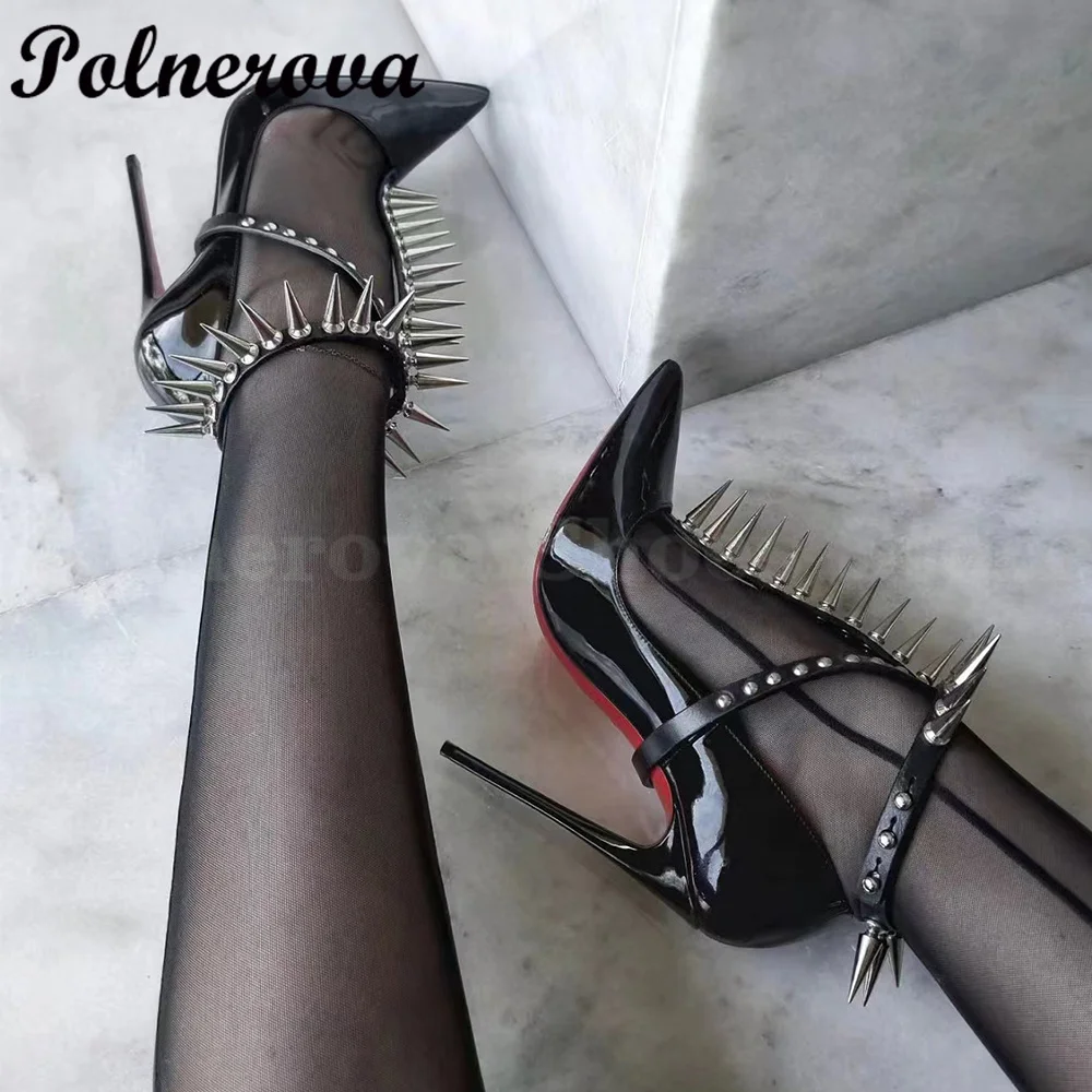 

Metal Rivets T-Strap Stiletto Sandals High Heels Women Shiny Leather Party Sexy Heels Ladies Pumps Zapatos Mujer 2024 Tendencia