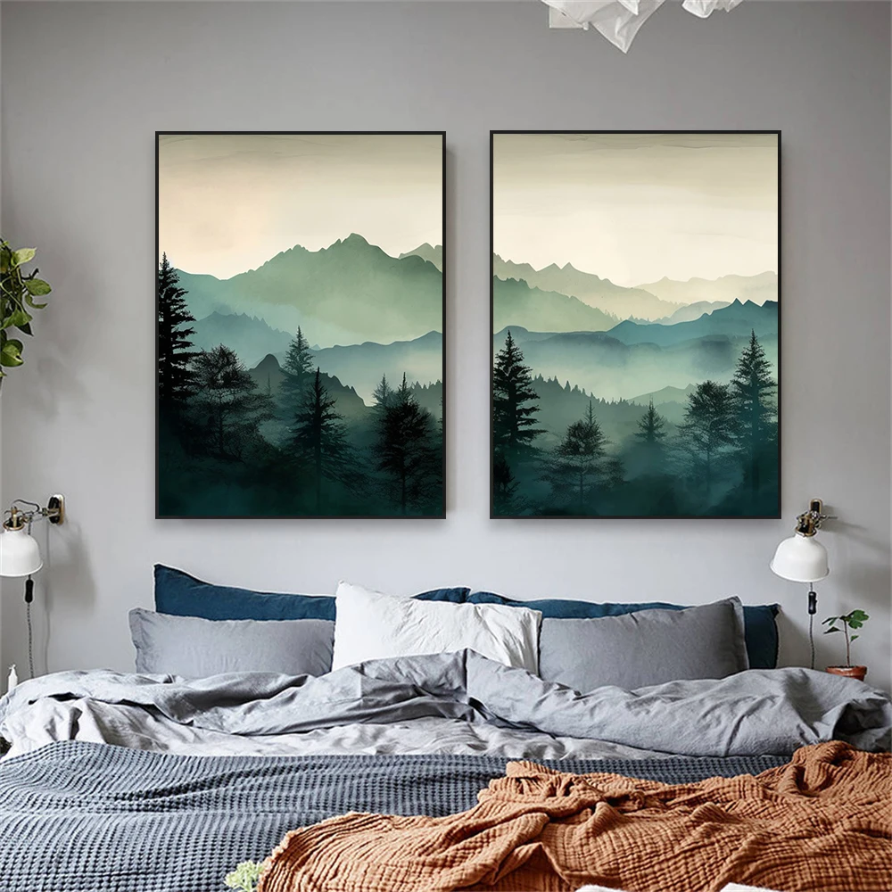 Abstract Nature Landscape Poster Sage Green Mountain Travel Prints Watercolor Mountain Landscape Wall Art Canvas Painting Decor