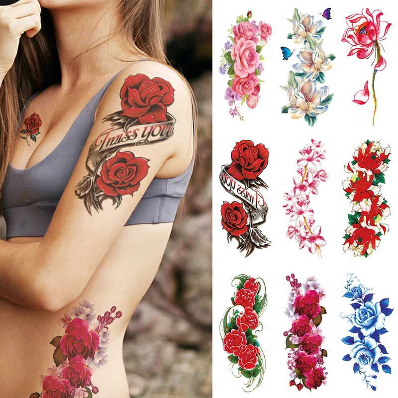 

Watercolor Rose Flower Temporary Tattoo For Women Kids Girls Peony Fake Tattoos Sticker Sexy Lotus Henna Waterproof Tatoo Waist