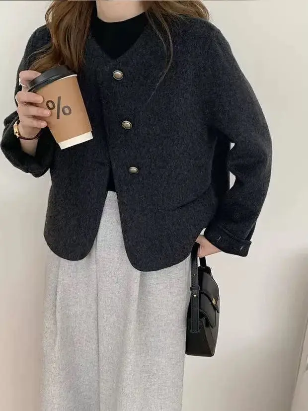 

Ele ort Woolen Jaet Women's Outerwear Korean Sle Autumn Winter Faion Design Petite Size Open Cardigan Top