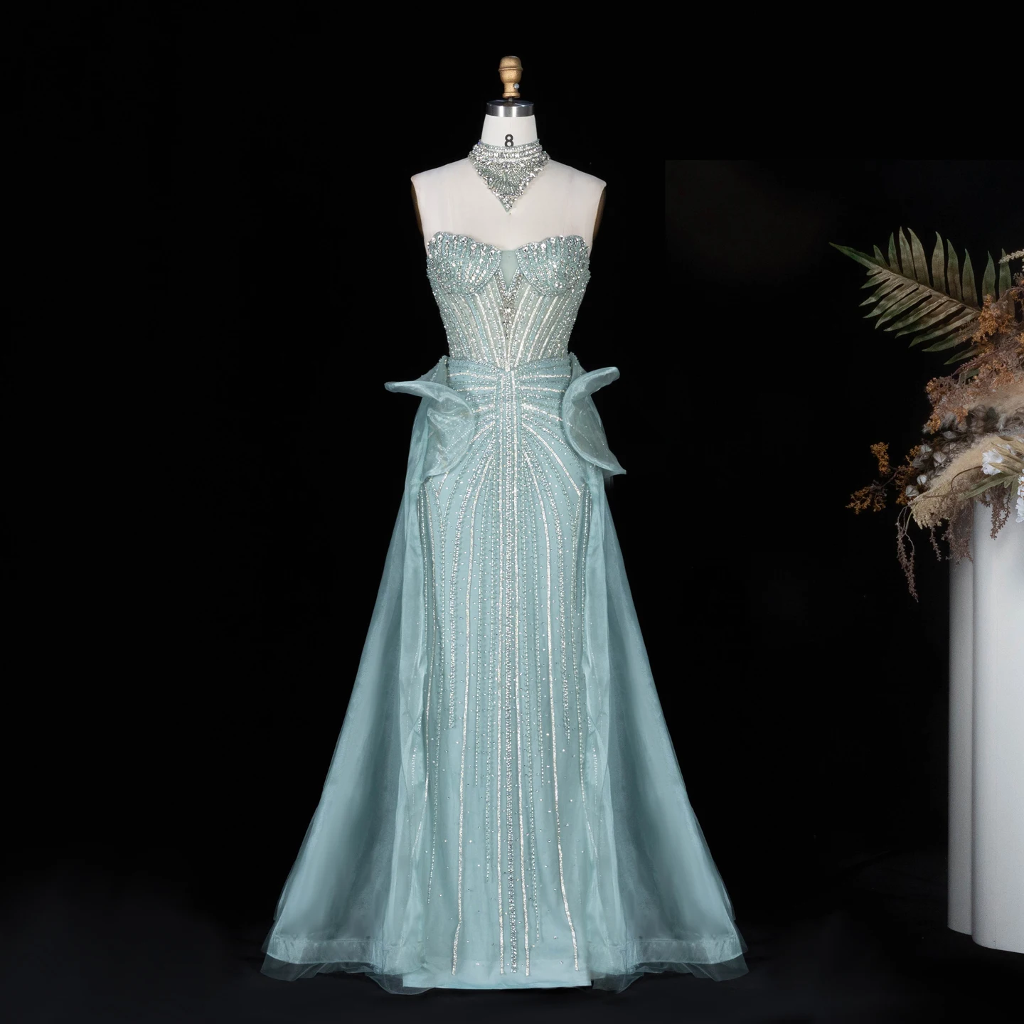 Sharon Said Abendkleid Luxuriöses Meerjungfrauenkleid aus Tüll mit Kristallen, Korsett und Perlen, Dubai Formelles Hochzeitskleid mit Überrock SS139 Maßanfertigung – Detail 18