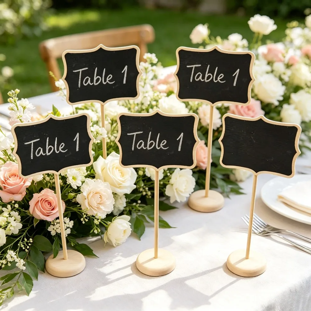 Desktop Vertical Blackboard with Retro Trim, Erasable Base Stand for Birthday, Wedding, and Food Tags