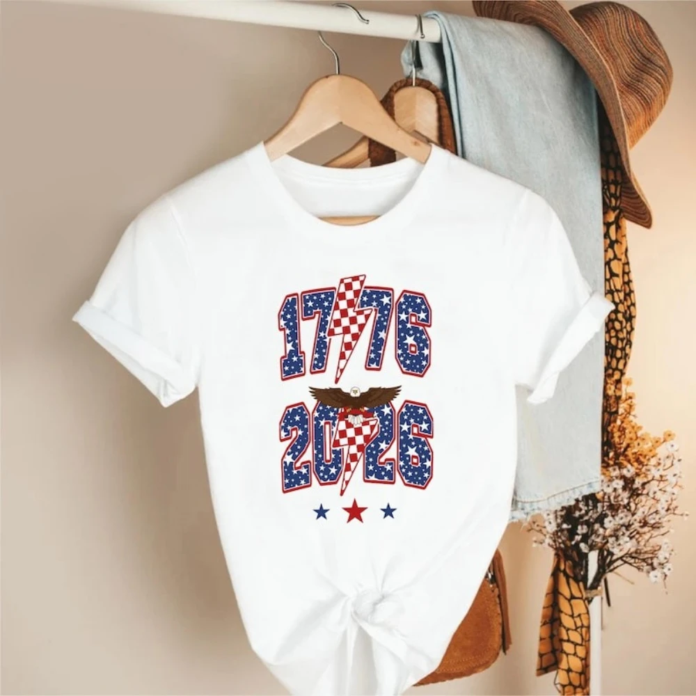 1776-2026 Patriotic T-Shirt Retro Star-Spangled Number Eagle Graphic 4th of July Tee Women Fashion Casual Summer Cotton Tops